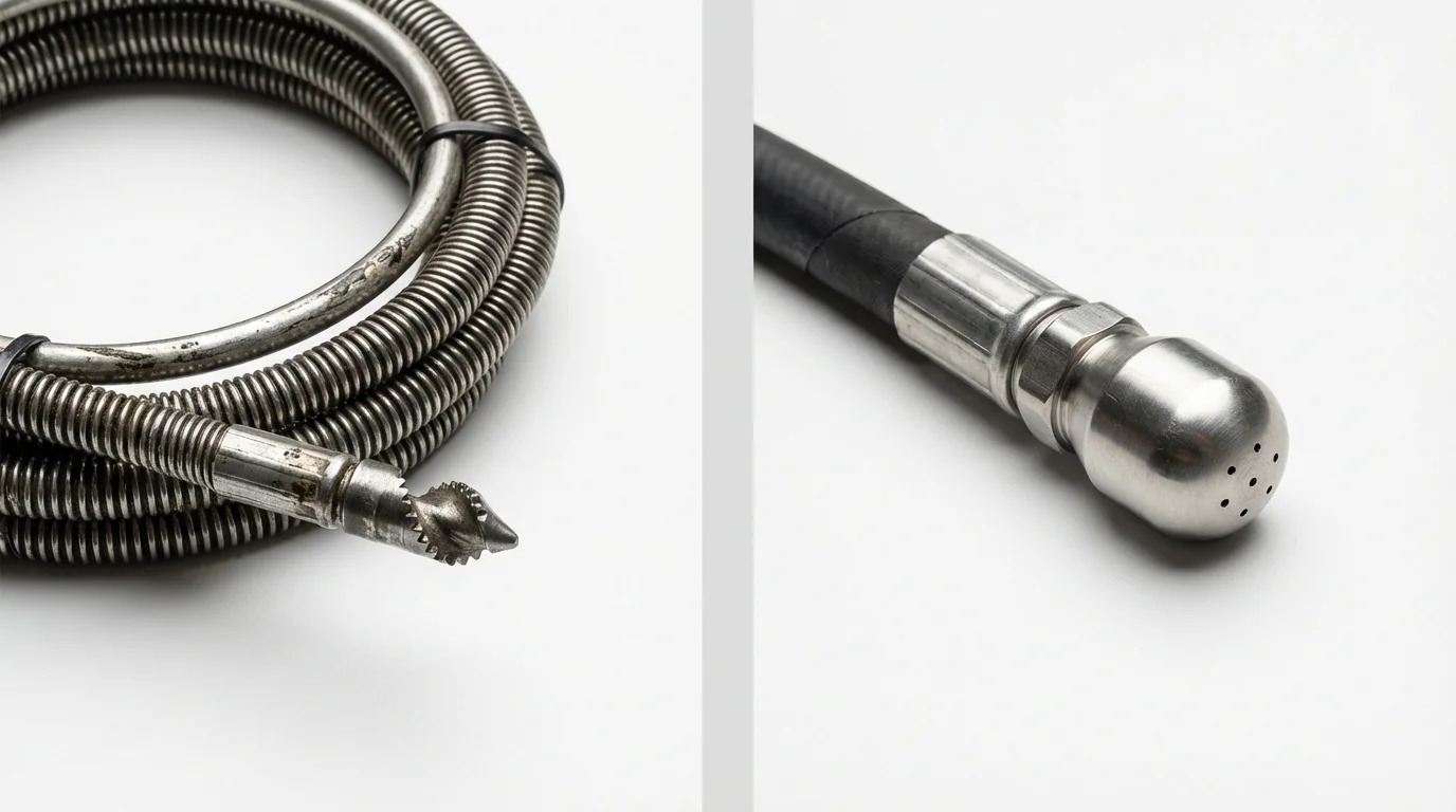 Drain snake cable and hydro jetting nozzle used for drain cleaning in Needville, TX