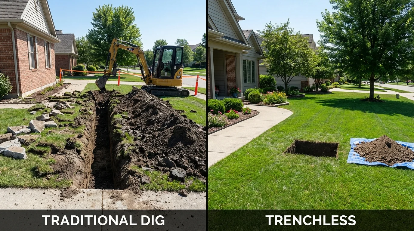 Trenchless sewer repair with minimal yard damage versus traditional excavation in Needville, TX