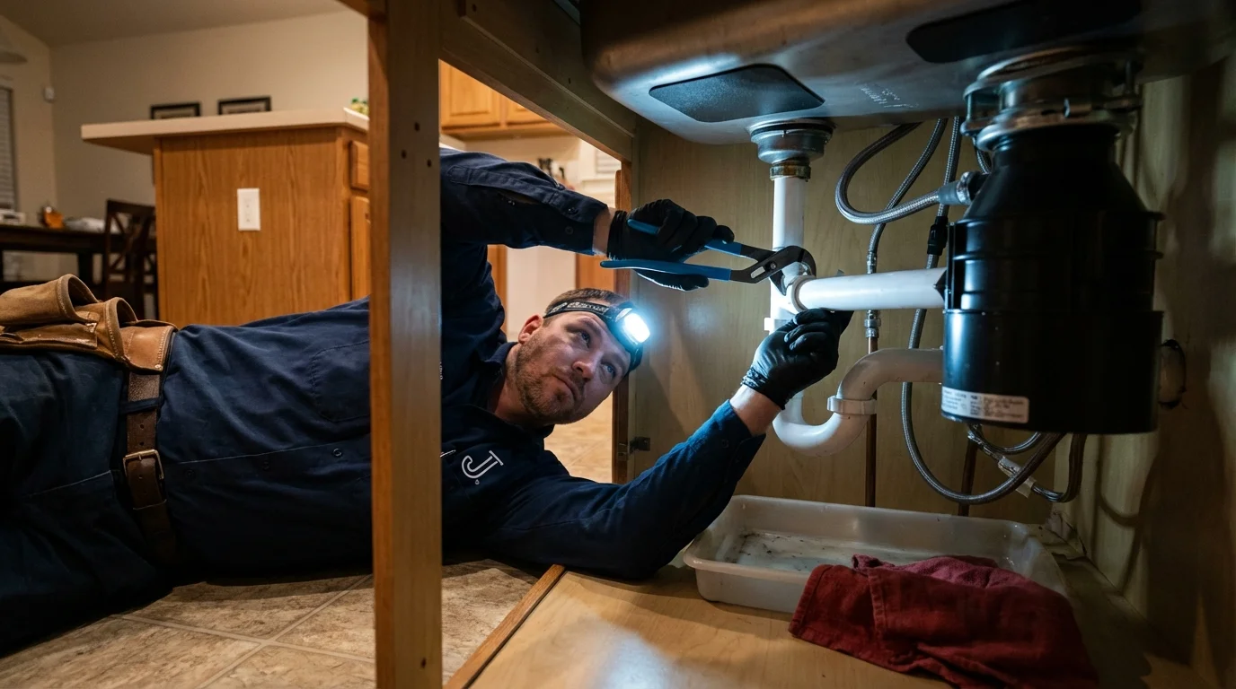P-trap and supply line connections under a kitchen sink showing a common leak point in Needville, TX